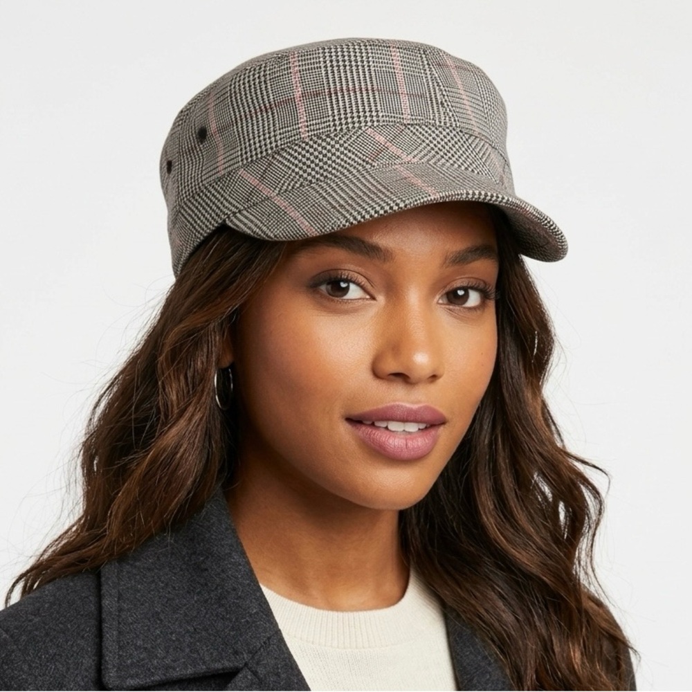 TRIBE headgear Plaid Cadet Cap - Glen Check Military Style Hat - Gray/Red XL